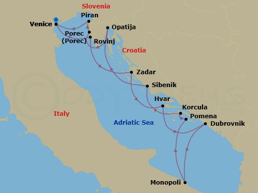 11 Night - Iconic & Hidden Croatia - Wind Spirit - Starting in Venice, Rovinj, Zadar, Hvar, Dubrovnik, Croatia, Monopoli, Pomena, Mljet, Korcula, Sibenik, Opatija, Porec, Piran, Venice itinerary map