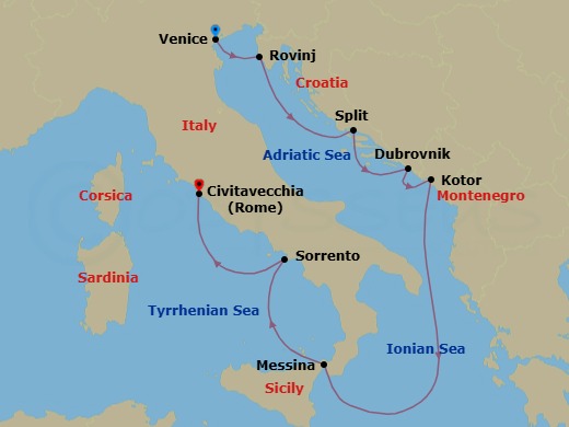 9 Night - Classic Italy & Dalmatian Coast - Wind Spirit - Starting in Venice, Rovinj, Split, Dubrovnik, Croatia, Kotor, Messina, Taormina, Sorrento, Civitavecchia, Rome itinerary map