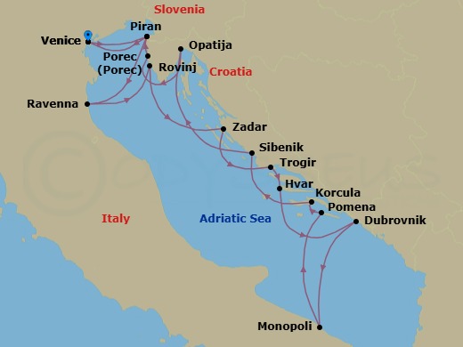 14 Night - Star Collector : Adriatic Odyssey - Wind Spirit - Starting in Venice, Piran, Ravenna, Rovinj, Zadar, Trogir, Hvar, Dubrovnik, Croatia, Monopoli, Pomena, Mljet, Korcula, Sibenik, Opatija, Porec, Piran, Venice itinerary map