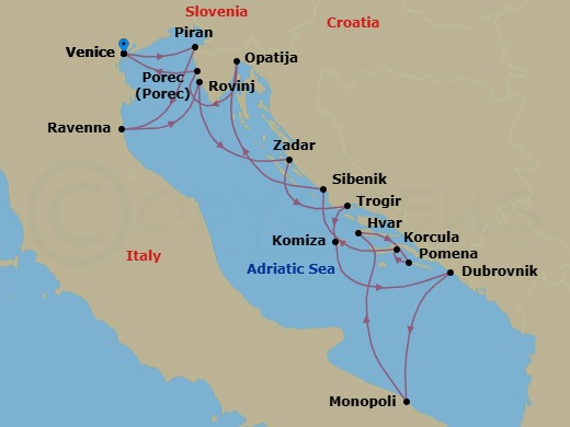 14 Night - Star Collector : Adriatic Odyssey - Wind Spirit - Starting in Venice, Piran, Ravenna, Rovinj, Zadar, Trogir, Komiza, Vis Island, Dubrovnik, Croatia, Monopoli, Hvar, Pomena, Mljet, Korcula, Sibenik, Opatija, Porec, Venice itinerary map