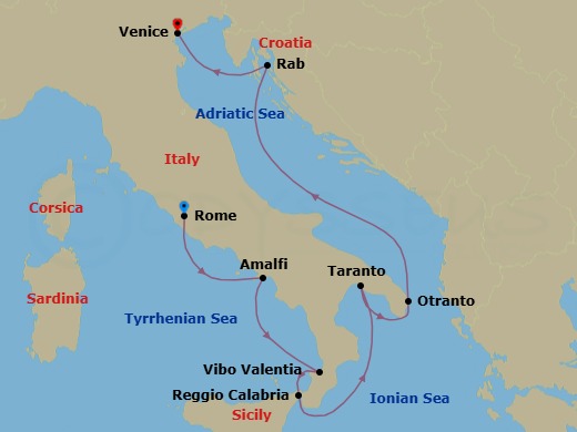 9 Night - Bella Italia - a Southern Italian Romance - Wind Spirit - Starting in Civitavecchia, Rome, Amalfi, Vibo Valentia / Marina Velentia, Reggio di Calabria, Taranto, Otranto, Rab, Venice itinerary map