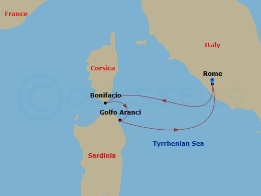 3 Night - Quick Getaways : La Dolce Vita in Italy & France - Wind Spirit - Starting in Civitavecchia, Rome, Bonifacio, Golfo Aranci, Sardinia, Civitavecchia, Rome itinerary map