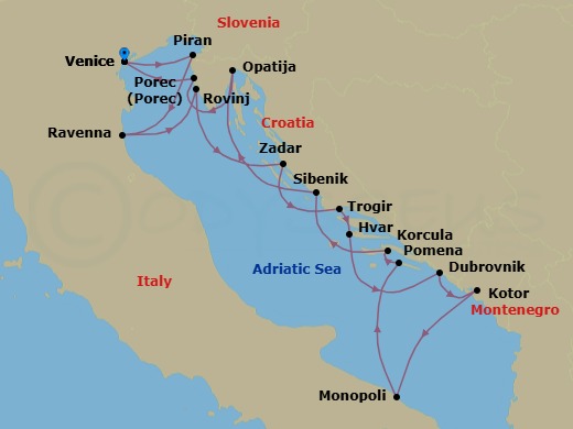 14 Night - Star Collector : Adriatic Odyssey - Wind Spirit - Starting in Venice, Piran, Ravenna, Rovinj, Zadar, Trogir, Hvar, Dubrovnik, Croatia, Kotor, Monopoli, Pomena, Mljet, Korcula, Sibenik, Opatija, Porec, Venice itinerary map