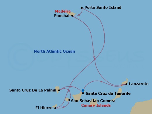 10 Night - Hidden Gems of the Canary Islands & Madeira - Wind Spirit - Starting in Santa Cruz de Tenerife, Arrecife, Lanzarote, Funchal, Madeira, Porto Santo, Madeira, El Hierro / Puerto De La Estaca, San Sebastian De La Gomera, Santa Cruz de La Palma, Santa Cruz de Tenerife itinerary map