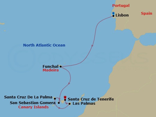8 Night - The Colorful Canary Islands - Wind Spirit - Starting in Lisbon, Funchal, Madeira, San Sebastian De La Gomera, Santa Cruz de La Palma, Las Palmas, Gran Canaria, Santa Cruz de Tenerife itinerary map