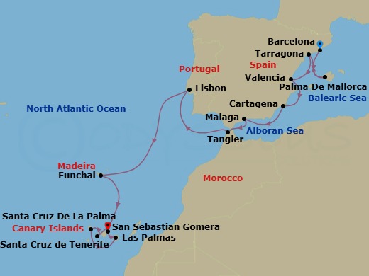 18 Night - Star Collector : Southern Spain & Canary Islands - Wind Spirit - Starting in Barcelona, Palma De Mallorca, Tarragona (Barcelona), Valencia, Cartagena ES, Malaga, Tangier, Lisbon, Funchal, Madeira, San Sebastian De La Gomera, Santa Cruz de La Palma, Las Palmas, Gran Canaria, Santa Cruz de Tenerife itinerary map
