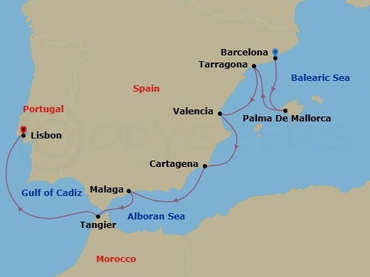 10 Night - Treasures of Southern Spain & Morocco - Wind Spirit - Starting in Barcelona, Palma De Mallorca, Tarragona (Barcelona), Valencia, Cartagena ES, Malaga, Tangier, Lisbon itinerary map