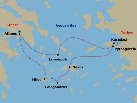7 Night - Off the Beaten Path Greek Islands - Wind Spirit - Starting in Piraeus, Athens, Milos, Folegandros, Naxos, Pythagoreio, Samos, Kusadasi, Ermoupolis, Syros, Piraeus, Athens itinerary map