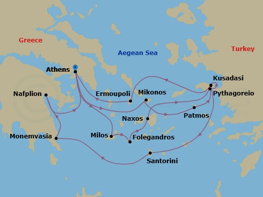 14 Night - Star Collector : Greek Classics & Hidden Gems Unveiled - Wind Spirit - Starting in Piraeus, Athens, Milos, Folegandros, Naxos, Pythagoreio, Samos, Kusadasi, Ermoupolis, Syros, Piraeus, Athens, Mykonos, Patmos, Kusadasi, Santorini, Monemvasia, Nafplio, Piraeus, Athens itinerary map
