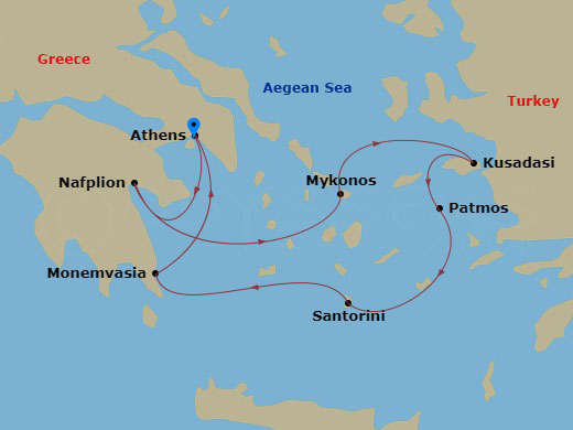 7 Night - Treasures of the Greek Isles - Wind Spirit - Starting in Piraeus, Athens, Nafplio, Mykonos, Kusadasi, Patmos, Santorini, Monemvasia, Piraeus, Athens itinerary map