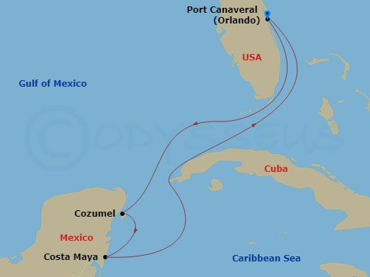 5 Night - Western Caribbean Getaway Cruise - Adventure of the Seas - Starting in Orlando (Port Canaveral), Fl, Cozumel, Mexico, Puerto Costa Maya, Mexico, Orlando (Port Canaveral), Fl itinerary map