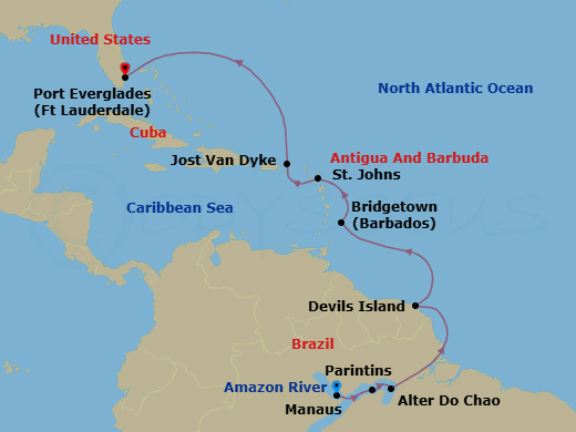 13 Night - South America - Crystal Symphony - Starting in Manaus / Amazon, Parintins, Alter Do Chao, Cruising the Amazon River, Iles du Salut (Devils Island), Bridgetown, St Johns, Jost Van Dyke, British Virgin Islands, Fort Lauderdale itinerary map