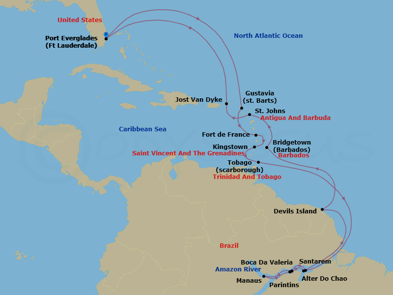25 Night - South America - Crystal Symphony - Starting in Fort Lauderdale, Gustavia, St Barthelemy, Fort-de-France, Kingstown, Scarborough, Cruising the Amazon River, Santarem, Boca Da Valeria, Manaus / Amazon, Parintins, Alter Do Chao, Cruising the Amazon River, Iles du Salut (Devils Island), Bridgetown, St Johns, Jost Van Dyke, British Virgin Islands, Fort Lauderdale itinerary map