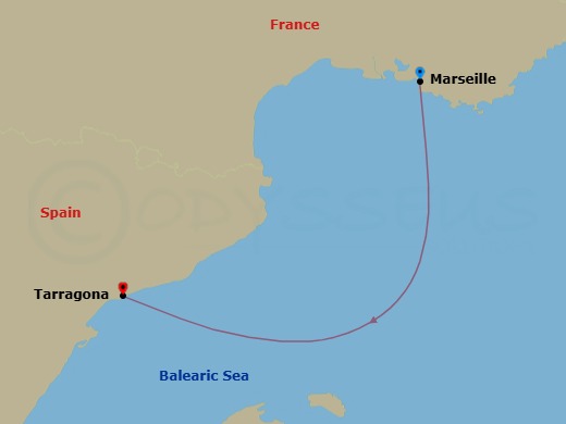 1 Night - Msc Grand Voyages - MSC Meraviglia - Starting in Marseille (Provence), France, Tarragona, Spain itinerary map