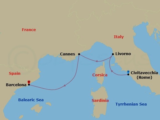 3 Night - Mediterranean - MSC Fantasia - Starting in Civitavecchia (Rome), Italy, Livorno (Florence), Italy, Cannes (Cote Dazur), France, Barcelona, Spain itinerary map