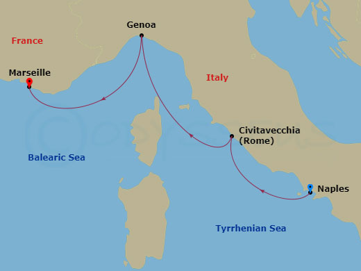 3 Night - Cruise from Naples to Marseille - Costa Toscana - Starting in Naples, Italy, Civitavecchia / Rome, Genoa / Portofino, Marseille, France itinerary map