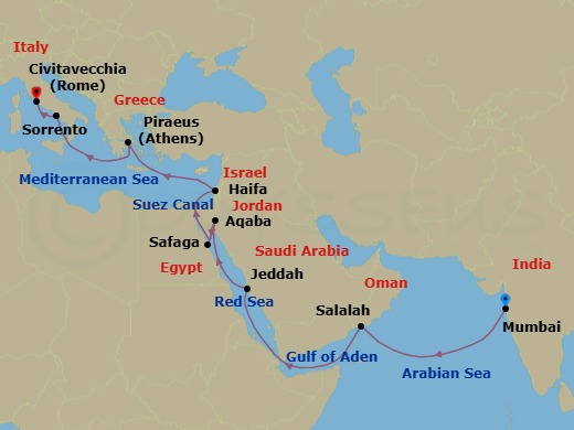 21 Night - Souks to Sorrento - Seven Seas Voyager - Starting in Mumbai (Bombay), Cruising the Arabian Sea, Salalah, Cruising the Arabian Sea, Cruising the Gulf of Aden, Cruising the Red Sea, Jeddah, Cruising the Red Sea, Aqaba, Luxor (Safaga), Suez Canal (Transit), Jerusalem (Haifa), Cruising the Mediterranean Sea, Athens (Piraeus), Cruising the Mediterranean Sea, Sorrento / Capri, Rome (Civitavecchia) itinerary map