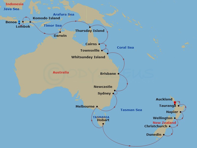 30 Night - Australia, New Zealand & Indonesia - Viking Venus - Starting in Bali (Benoa), Lombok, Komodo National Park (Rinca), Sail the Timor Sea, Darwin, Sail the Arafura Sea, Thursday Island, Sail the Coral Sea, Cairns, Townsville, Whitsunday Island (Airlie Beach), Sail the Coral Sea, Brisbane, Sail the Australian Coast, Newcastle AU, Sydney AU, Sail the Gippsland Coast, Melbourne, Scenic Sailing Bass Strait, Tasmania (Hobart), Sail the Tasman Sea, Scenic Sailing Foveaux Strait, Dunedin, Christchurch, Wellington, Napier, Rotorua (Tauranga), Auckland itinerary map