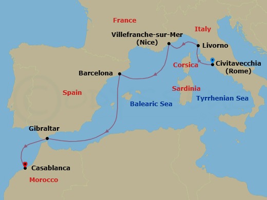 8 Night - A Journey Across Mediterranean Icons and Moroccan Shores - EXPLORA II - Starting in Civitavecchia (Rome), Livorno (Florence), Villefranche-Sur-Mer (Nice), Barcelona, Gibraltar, Casablanca itinerary map