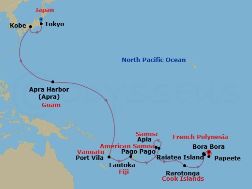 28 Night - Cruise from Tokyo to Papeete - Silver Whisper - Starting in Tokyo, Kobe, Apra, Port Vila, Lautoka, Date Line gain a day, Pago Pago, Apia, Rarotonga, Bora Bora, Motu Tapu, Raiatea, Papeete itinerary map