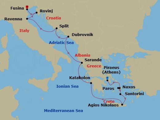 12 Night - Athens to Fusina - Silver Shadow - Starting in Athens (Piraeus), Naxos, Paros, Santorini, Aghios Nikolaos, Crete, Katakolon (Olympia), Sarande, Dubrovnik, Croatia, Split, Ravenna, Rovinj, Fusina (Venice) itinerary map