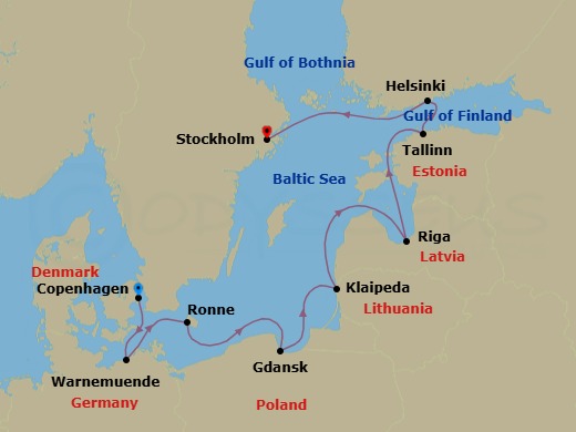 10 Night - Copenhagen to Stockholm - Silver Spirit - Starting in Copenhagen, Warnemunde (Rostock), Ronne, Bornholm, Gdansk, Klaipeda, Riga, Tallinn, Helsinki, Stockholm itinerary map