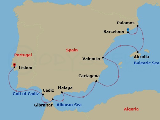 10 Night - Barcelona to Lisbon - Silver Spirit - Starting in Barcelona, Palamos, Alcudia, Mallorca, Valencia, Cartagena ES, Spain, Malaga (Costa del Sol), Gibraltar, Cadiz, Lisbon itinerary map