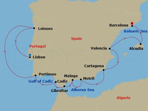 12 Night - Lisbon to Barcelona - Silver Spirit - Starting in Lisbon, Oporto (Leixoes), Portimao, Cadiz, Gibraltar, Malaga (Costa del Sol), Motril, Cartagena ES, Spain, Valencia, Alcudia, Mallorca, Barcelona itinerary map