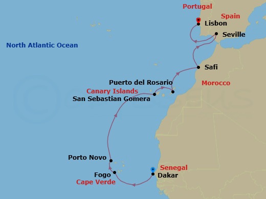 14 Night - Dakar to Lisbon - Silver Endeavour - Starting in Dakar, Fogo, Porto Novo, San Sebastian (La Gomera), Puerto Del Rosario, Safi, Cruise Guadalquivir River, Sevilla, Lisbon itinerary map