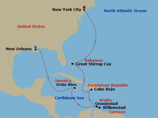 12 Night - Caribbean - Norwegian Getaway - Starting in New Orleans, La, Ocho Rios, Jamaica, Willemstad AN, Netherlands Antilles, Oranjestad, Aruba, Cabo Rojo, Dominican Republic, Great Stirrup Cay, Bahamas, New York City, Ny itinerary map