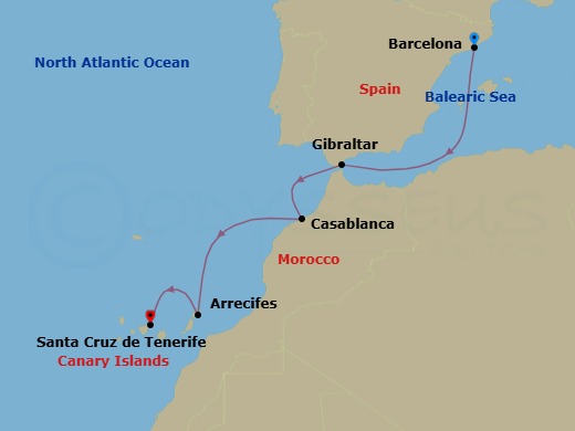 7 Night - A Journey from Mediterranean Shores to Morocco and the Canary Islands - EXPLORA II - Starting in Barcelona, Gibraltar, Casablanca, Arrecife (Lanzarote), Santa Cruz de Tenerife itinerary map