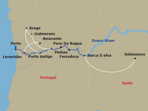 7 Night - Vida Portugal : Vineyards & Villages Along the Douro - Avalon Alegria - Starting in Porto, Portugal (Embarkation), Porto / Caldas De Aregos / Excursion to Braga and Guimaraes, Peso Da Regua, Pocinho, Barca Dalva Excursion to Salamanca, Ferradosa / Leverinho, Porto, Porto (Disembarkation) itinerary map