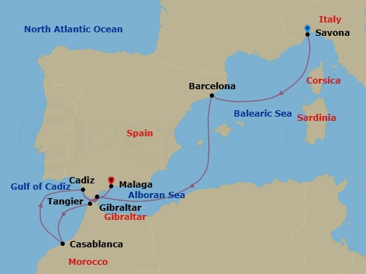 7 Night - Europe from Savona to Malaga - Costa Fascinosa - Starting in Savona, Barcelona, Gibraltar, Tangier, Casablanca, Cadiz, Malaga itinerary map