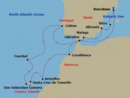 19 Night - An Extended Journey of Atlantic Crossings & Southern Light - EXPLORA II - Starting in Barcelona, Gibraltar, Casablanca, Arrecife (Lanzarote), Santa Cruz de Tenerife, San Sebastian De La Gomera, Funchal (Madeira), Lisbon, Gibraltar, Malaga, Spain, Alicante, Ibiza, Barcelona itinerary map