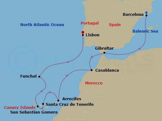 12 Night - A Journey of Atlantic Light & Volcanic Shores - EXPLORA II - Starting in Barcelona, Gibraltar, Casablanca, Arrecife (Lanzarote), Santa Cruz de Tenerife, San Sebastian De La Gomera, Funchal (Madeira), Lisbon itinerary map