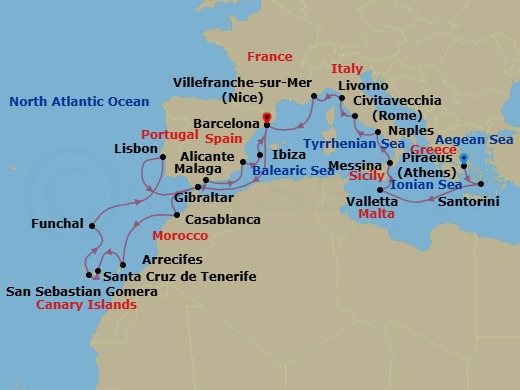 29 Night - An Extended Journey Across Three Seas, from the Aegean to the Atlantic - EXPLORA II - Starting in Piraeus (Athens), Santorini, La Valletta, Messina (Sicily), Port of Naples, Civitavecchia (Rome), Livorno (Florence), Villefranche-Sur-Mer (Nice), Barcelona, Gibraltar, Casablanca, Arrecife (Lanzarote), Santa Cruz de Tenerife, San Sebastian De La Gomera, Funchal (Madeira), Lisbon, Gibraltar, Malaga, Spain, Alicante, Ibiza, Barcelona itinerary map