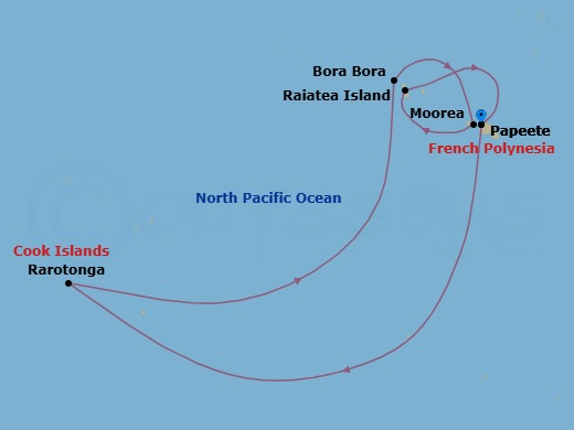 8 Night - South Pacific - Norwegian Spirit - Starting in Papeete, French Polynesia, Rarotonga, Cook Islands, Bora Bora, French Polynesia, Moorea, French Polynesia, Raiatea, French Polynesia, Papeete, French Polynesia itinerary map