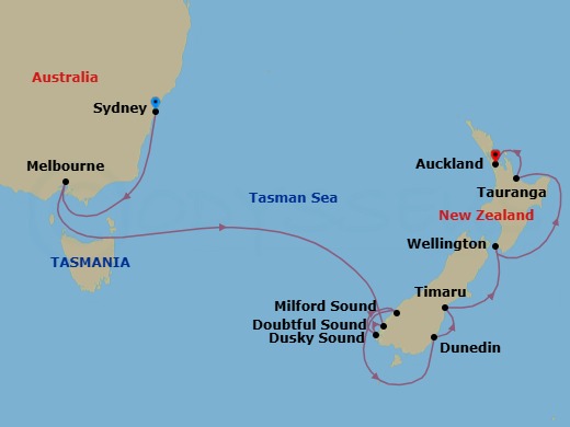 11 Night - Australia Product - Norwegian Spirit - Starting in Sydney AU, Melbourne, Australia, Cruise Doubtful Sound, New Zealand, Cruise Dusky Sound, New Zealand, Milford Sound, New Zealand, Dunedin, New Zealand, Timaru, New Zealand, Wellington, New Zealand, Tauranga, New Zealand, Auckland, New Zealand itinerary map