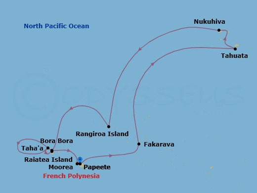 11 Night - Papeete to Papeete - Silver Whisper - Starting in Papeete (Tahiti), Fakarava, Tuamotu Archipelago, Tahuata, Marquesas Islands, Nuku Hiva, Marquesas Islands, Rangiroa, Raiatea, Bora Bora (Society Islands), Motu Tahaa, Moorea Island, Papeete (Tahiti) itinerary map