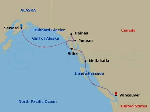 7 Night - Seward (Anchorage to Vancouver) - Silver Whisper - Starting in Seward (Anchorage, Alaska), Cruise Hubbard Glacier, Alaska, Juneau, Alaska, Haines, Alaska, Sitka, Alaska, Metlakatla, Alaska, Cruise Inside Passage, Vancouver itinerary map