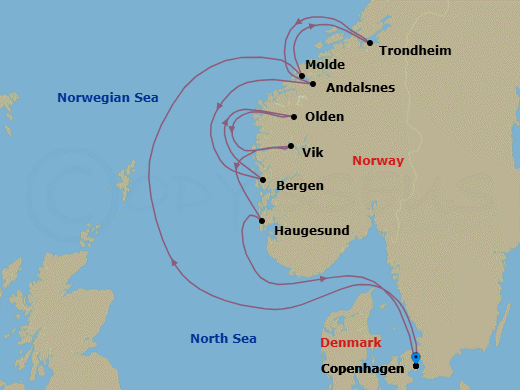 10 Night - Copenhagen to Copenhagen - Silver Dawn - Starting in Copenhagen, Molde (Romsdal), Trondheim (Trondelag), Andalsnes, Bergen, Olden, Vik, Haugesund, Copenhagen itinerary map