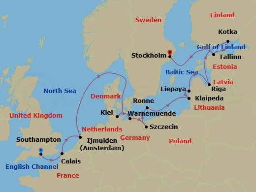 14 Night - Occidental Charms - Oceania Insignia - Starting in London (Southampton), Calais, Ijmuiden, Kiel, Berlin (Warnemunde), Szczecin, Ronne (Bornholm), Klaipeda, Liepaja, Riga, Kotka, Tallinn, Stockholm itinerary map