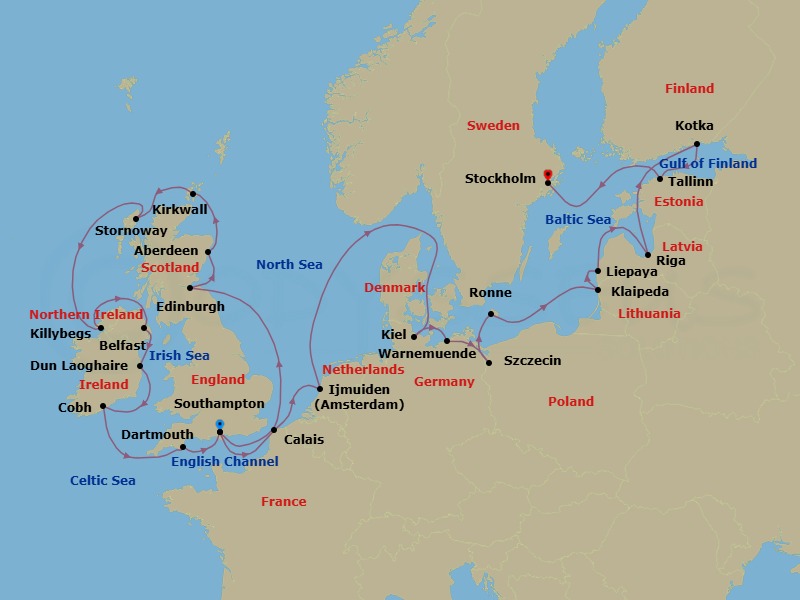 25 Night - Castles & Countryside - Oceania Insignia - Starting in London (Southampton), Edinburgh (Newhaven), Aberdeen, Kirkwall (Orkney Islands), Stornoway (Hebrides), Killybegs, Belfast, Dublin (Dun Laoghaire), Cork (Cobh), Dartmouth, London (Southampton), Calais, Ijmuiden, Kiel, Berlin (Warnemunde), Szczecin, Ronne (Bornholm), Klaipeda, Liepaja, Riga, Kotka, Tallinn, Stockholm itinerary map