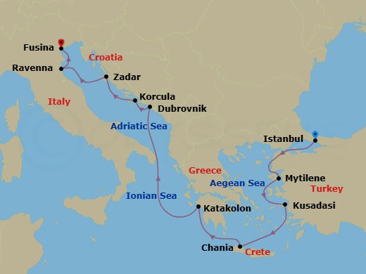 10 Night - Aegean & Adriatic Coasts - Oceania Sirena - Starting in Istanbul, Mitilini (Lesbos), Ephesus (Kusadasi), Chania (Crete), Katakolon, Dubrovnik, Croatia, Korcula, Zadar, Ravenna, Venice (Fusina) itinerary map