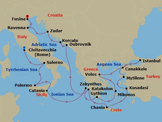 19 Night - Rome, Ruins & Gondola Rides - Oceania Sirena - Starting in Rome (Civitavecchia), Salerno, Palermo (Sicily), Catania (Sicily), Zakynthos, Gythion, Mykonos, Volos, Canakkale (Troy), Istanbul, Mitilini (Lesbos), Ephesus (Kusadasi), Chania (Crete), Katakolon, Dubrovnik, Croatia, Korcula, Zadar, Ravenna, Venice (Fusina) itinerary map
