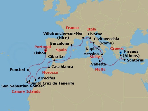 22 Night - An Extended Journey from Mediterranean Tranquility to Untamed Atlantic Shores - EXPLORA II - Starting in Piraeus (Athens), Santorini, La Valletta, Messina (Sicily), Port of Naples, Civitavecchia (Rome), Livorno (Florence), Villefranche-Sur-Mer (Nice), Barcelona, Gibraltar, Casablanca, Arrecife (Lanzarote), Santa Cruz de Tenerife, San Sebastian De La Gomera, Funchal (Madeira), Lisbon itinerary map