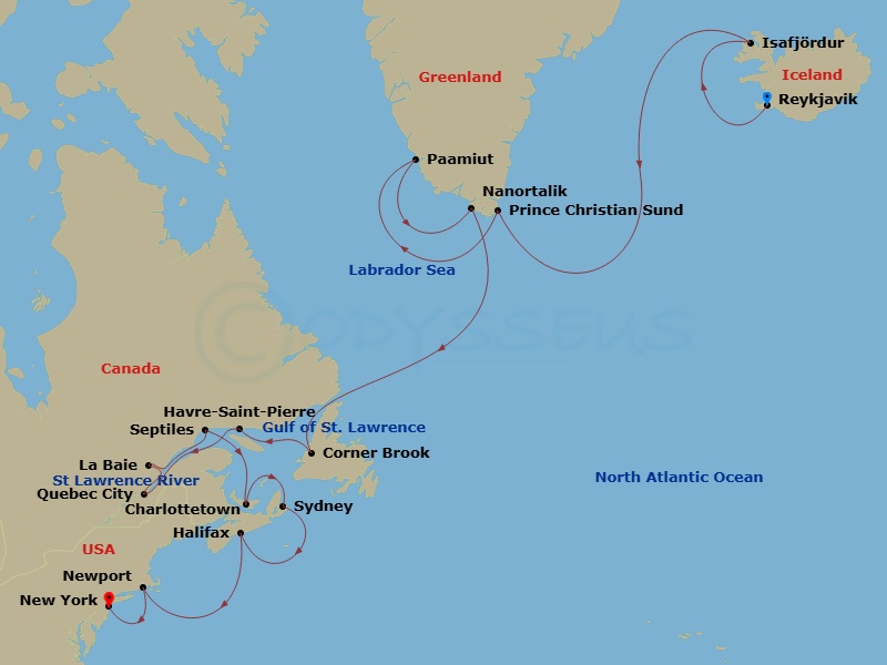 20 Night - A Grand Journey Through Icelandic Fjords, Greenlandic Traditions & North American Gems - EXPLORA III - Starting in Reykjavik, Isafjordur, Sailing Prince Christian Sund, Paamiut, Nanortalik, Corner Brook, Havre-Saint-Pierre, Quebec City, La Baie (Saguenay), Sept-Iles, Charlottetown, Prince Edward Island, Sydney CA, Halifax, Newport, New York City itinerary map