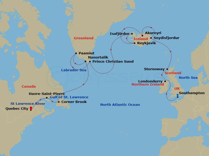 19 Night - A Grand Journey Through Nordic Wonders, Geothermal Delights & Remote Coastal Beauty - EXPLORA III - Starting in Southampton, Greencastle (County Donegal), Stornoway (Isle of Lewis), Seydisfjordur, Akureyri, Reykjavik, Isafjordur, Sailing Prince Christian Sund, Paamiut, Nanortalik, Corner Brook, Havre-Saint-Pierre, Quebec City itinerary map