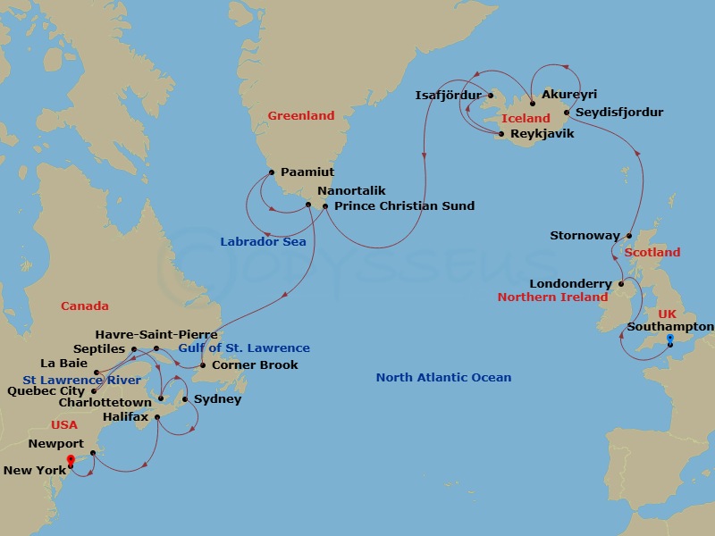 28 Night - A Grand Journey of Fjord Mysteries, Arctic Wilderness & Coastal Heritage - EXPLORA III - Starting in Southampton, Greencastle (County Donegal), Stornoway (Isle of Lewis), Seydisfjordur, Akureyri, Reykjavik, Isafjordur, Sailing Prince Christian Sund, Paamiut, Nanortalik, Corner Brook, Havre-Saint-Pierre, Quebec City, La Baie (Saguenay), Sept-Iles, Charlottetown, Prince Edward Island, Sydney CA, Halifax, Newport, New York City itinerary map