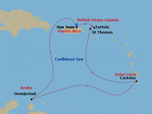7 Night - Southern Caribbean - San Juan - Norwegian Prima - Starting in San Juan, Pr, Tortola, British Virgin Islands, St Thomas, Vi, St Lucia, Saint Lucia, Oranjestad, Aruba, San Juan, Pr itinerary map